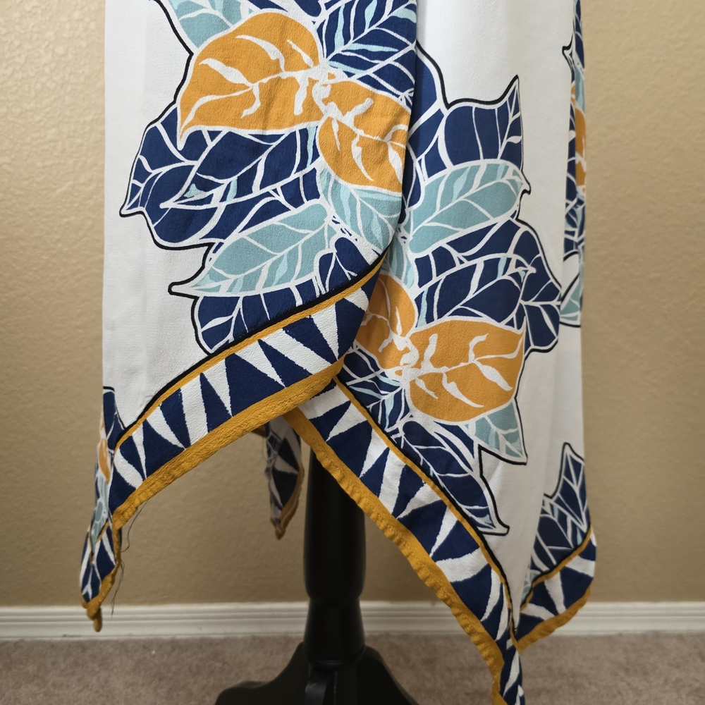 * Nine West Scarf Printed Wrap Dress. White Floral Maxi, Navy Mustard Accent LG - Picture 9 of 11